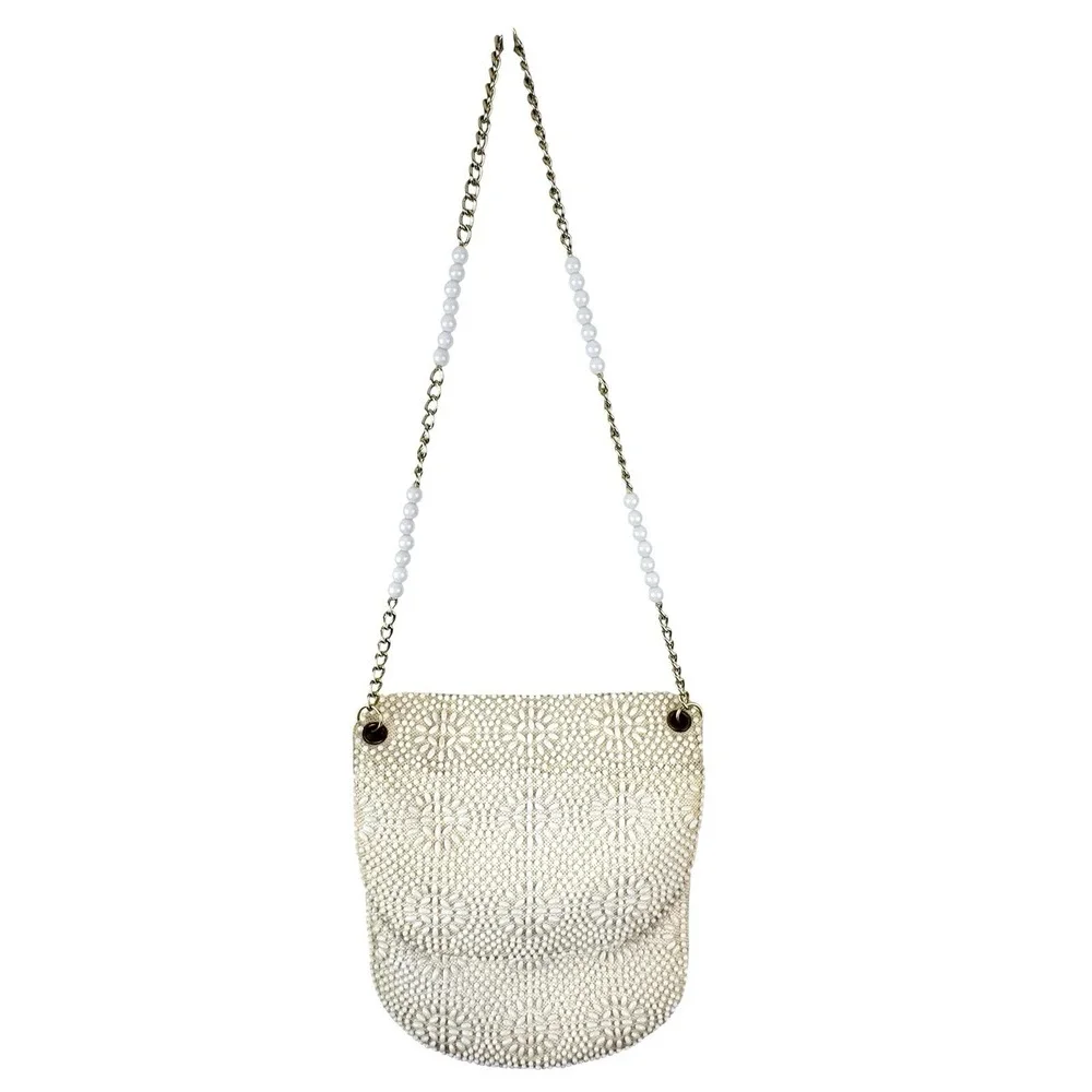 VTG‎ Beaded Purse Ivory Gold Shoulder Chain Evening Retro Elegant Formal 50s 60s